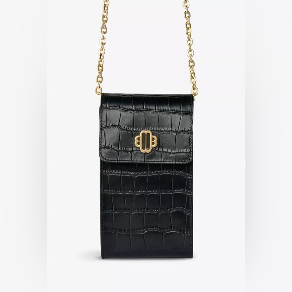 Maje Croc-Embossed Leather Chain Phone Pouch - Black